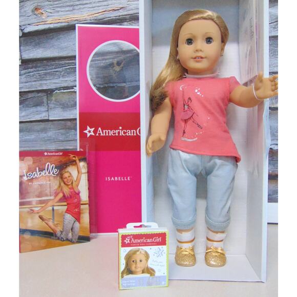 NEW American Girl 18" ISABELLE DOLL, MEET OUTFIT + Book Earrings Wrist Tag BOX - Picture 1 of 10